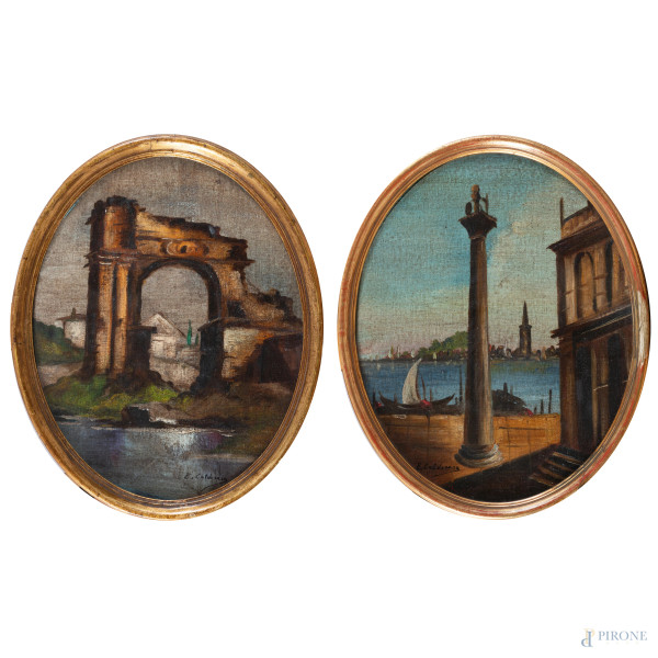 Coppia di scorci con architetture, XX secolo, olio su tela a serto ovale applicata su cartone, cm 30x24,firmati in basso, entro cornice, (segni di usura)