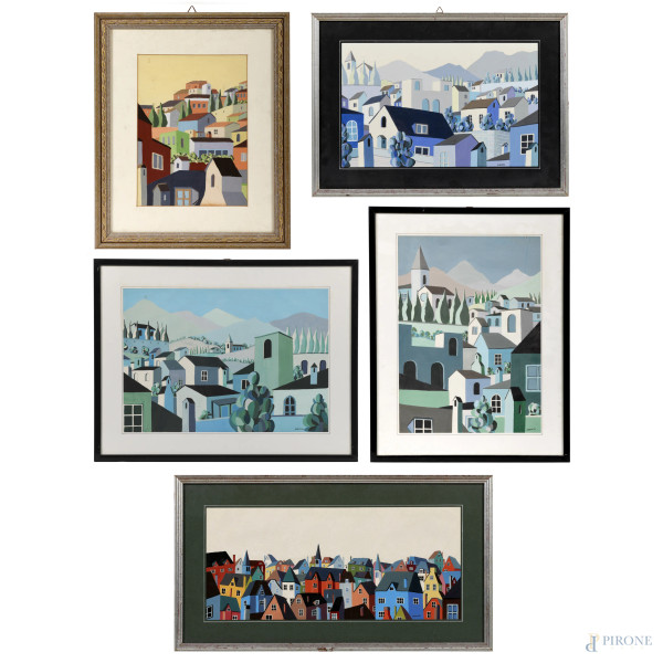 Lotto composto da cinque dipinti di Ferretto, misure massime cm 30x58 compreso passepartout