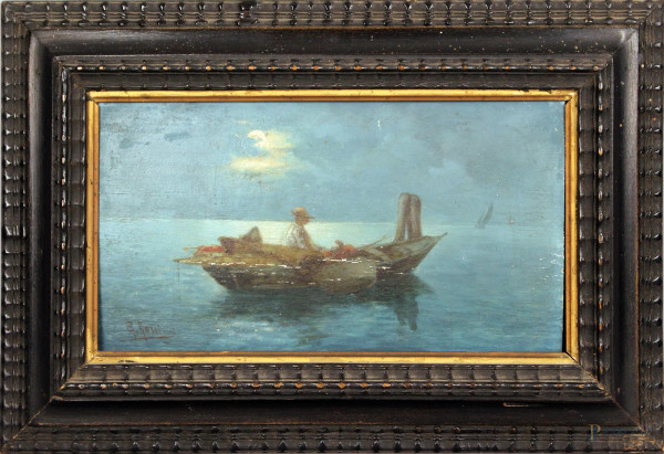 Marina notturna con imbarcazioni, olio su tavola, cm. 20x34,5, firmato G. Rossi, entro cornice.