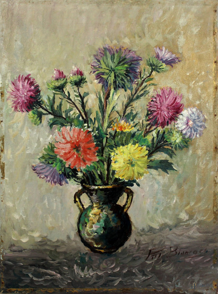 Vaso con garofani, olio su tela, cm 52,5x39, firmato Pitti Bianconi, entro cornice, (difetti).