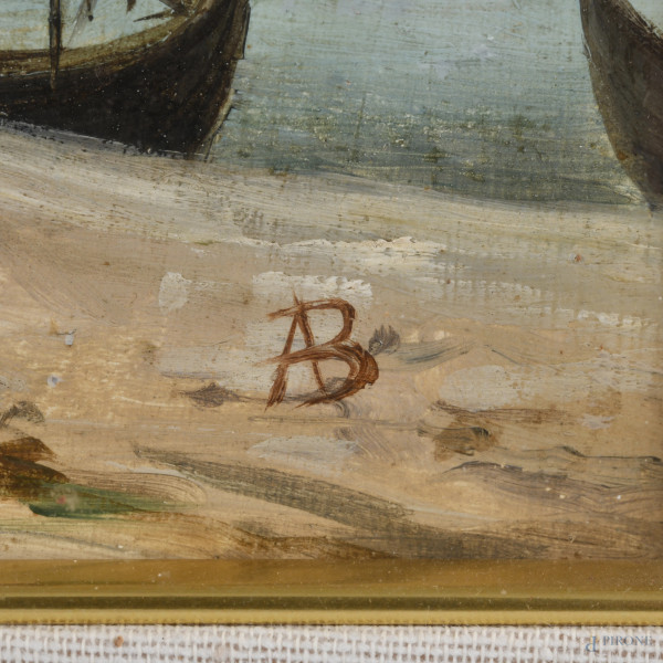 Spiaggia con barche, XX secolo, olio su cartone, cm 25x31,5, siglato in basso a destra, entro cor...