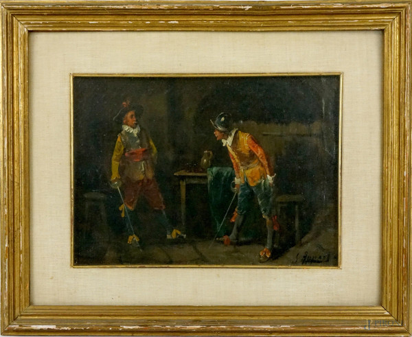 Interno di taverna con soldati, olio su tela, cm 23x32, firmato G.Appert, entro cornice.