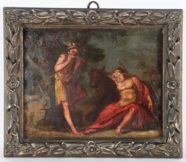 Mercurio addormenta Argo suonando il flauto, XVIII-XIX secolo, olio su tela, cm 22x29, entro cornice, (segni di usura, ondulazioni della tela, abrasioni, sollevamenti e cadute di colore, fori, difetti)