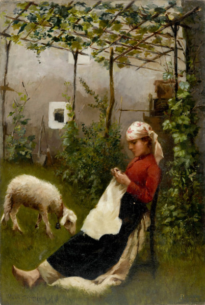 Pastorella che cuce, olio su tela, cm 91x61, firmato in basso a sinistra "Mario Spreafico"