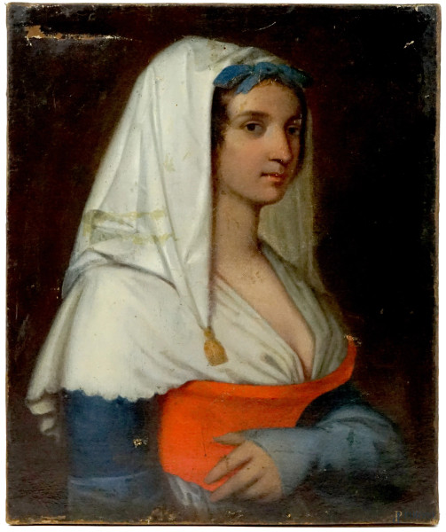 Ritratto di donna, olio su tela, cm 72,5x60, inizi XIX secolo, (difetti sulla tela)