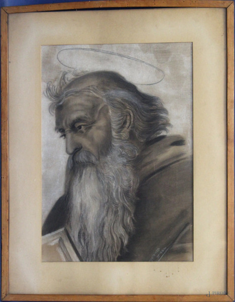 Santo, tecnica mista su carta firmato Costanzo e datato 1924, cm 46 x 23, entro cornice.