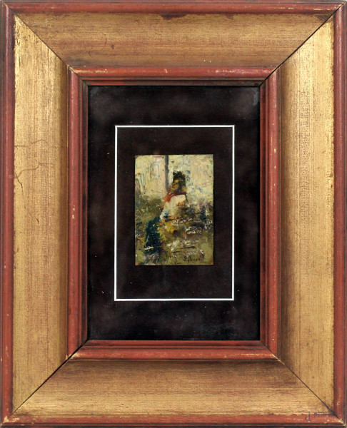 Ezechiele Acerbi - Figura con cappello, olio su tavola, cm 11x7,5, entro cornice