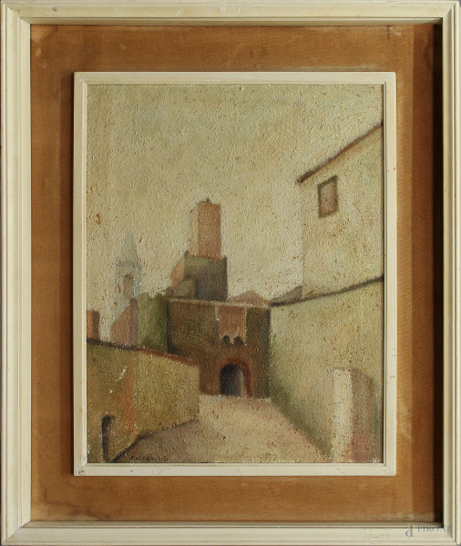 Scorcio di paese, dipinto ad olio su tela firmato, cm 40 x 50.