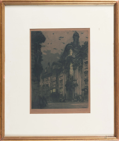 Luigi Kasimir (1881-1962), Notturno, incisione su carta 17/XXX, cm 57,5x48 compreso passepartout, firmato in basso a destra, entro cornice, (segni di usura, ossidazione della carta)