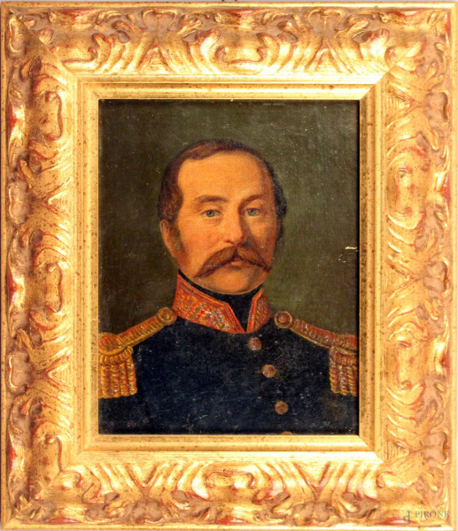 Ritratto di ufficiale, olio su tela riportata su tavola, cm 20x15, XIX sec., entro cornice.