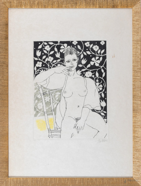 Franco Gentilini, Nudo di donna, litografia su carta riso, cm 77x56, P.A., firmato in basso a destra, entro cornice, (segni di usura, difetti)