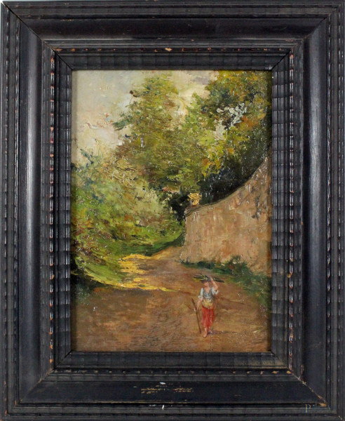 Viale con figura, olio su tavola, cm. 22,5x15,5, XIX secolo, entro cornice.