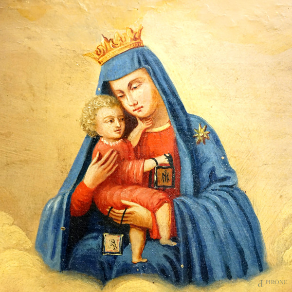 Madonna con Bambino tra angeli, san Michele arcangelo e san Zeno, XIX-XX secolo, olio su tela, cm...
