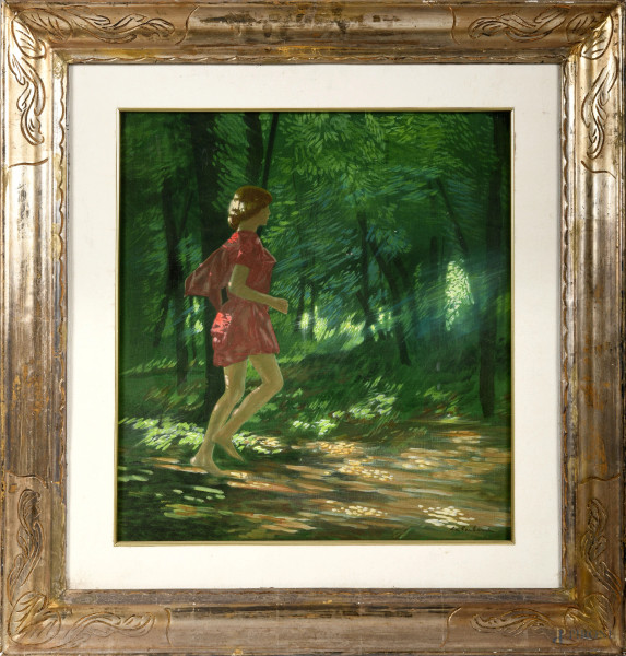 Figura a Villa Borghese, olio su compensato, firmato in basso a destra, cm 50x45, entro cornice