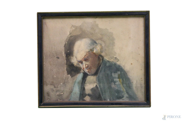 Ritratto d'anziano, acquarello su carta, 17x20 cm entro cornice, XIX sec.