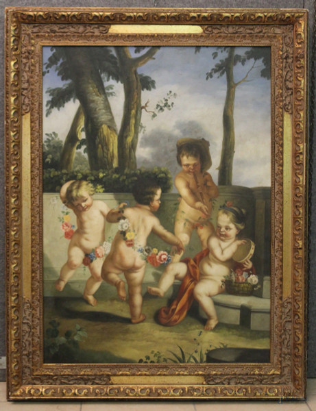 Putti danzanti, olio su tela 70x97 cm, entro cornice.