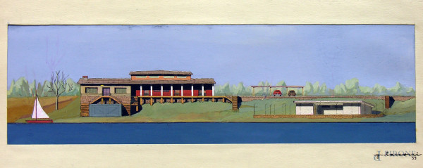 G. Tacconi (architetto), Progetto per villa sul lago, 1959, tempera su carta, cm 20x50 (il foglio), firmato e datato