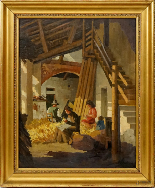 Interno di una stalla con fattori, olio su compensato, cm 50x40, XX secolo, entro cornice.