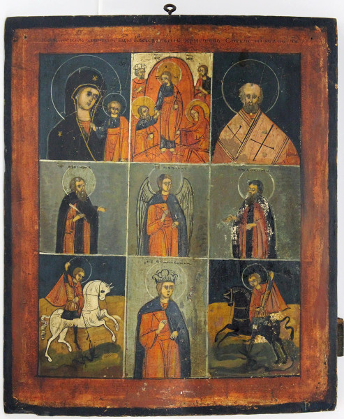 Icona russa raffigurante santi, olio su tavola 37x31 cm, XIX sec.