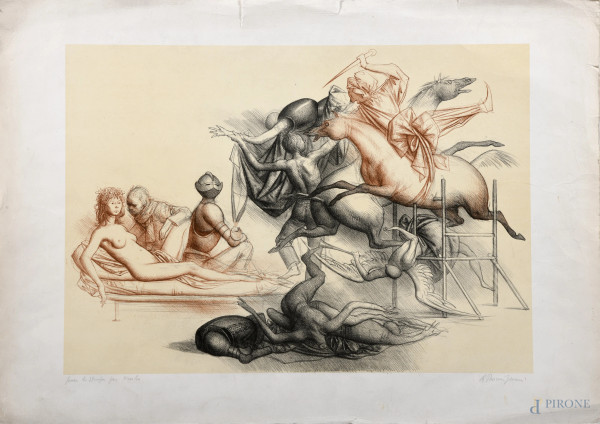 Riccardo Ferroni, Senza titolo, litografia su carta es. prova di stampa, cm 50x70, firmato in basso a destra, (segni di usura, gore, foxing, lacerazioni della carta, tracce di piegatura)