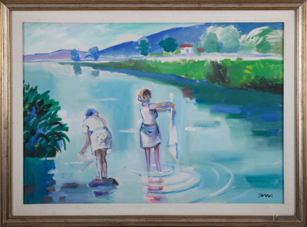 Manlio Sarra, Lavandaie del Liri, olio su tela, firmato in basso a destra, al retro firmato titolato e datato 1982, cm 70x100 entro cornice