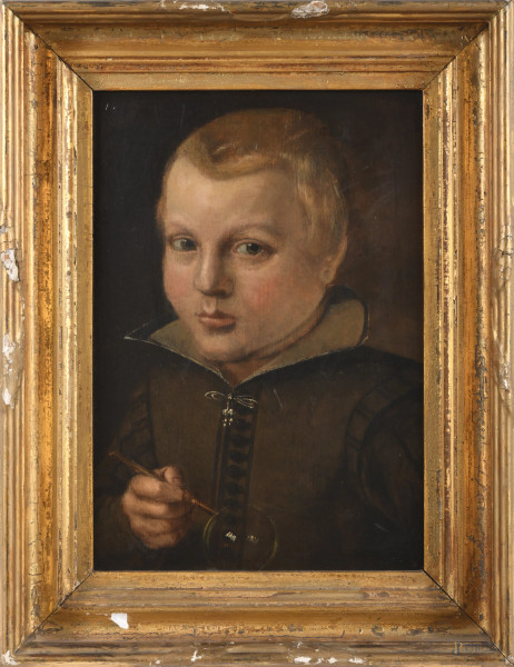 Ritratto di fanciullo con lente di ingrandimento, XIX secolo, olio su tavola, cm 37x25, entro cornice, (segni di usura, abrasioni)