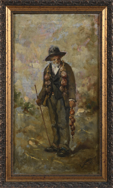 Venditore di cipolle, XX secolo, olio su tela, cm 56x31, firmato in basso a destra, entro cornice, (lievi segni di usura)
