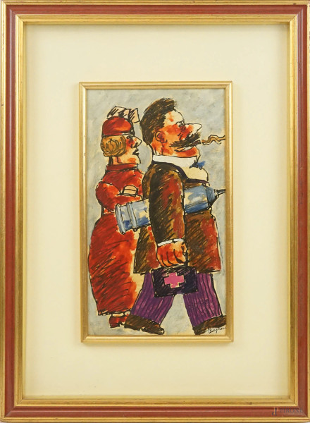 Borghese Franz - Medico e signora, olio su tavola, cm 35x20, entro cornice.