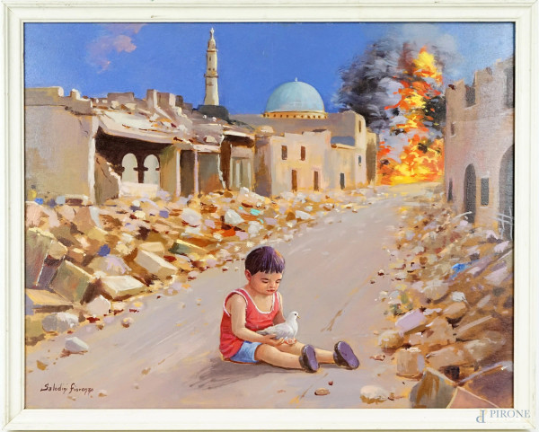 Distruzione di Aleppo Siria, Bimbo per la pace, olio su tavola, cm 39,5x49,5, firmato Fiorenzo Salodini, entro cornice
