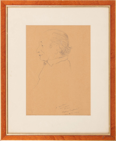 Bruno Caruso, Profilo virile, grafite su carta, cm 41,5x33,5 compreso passepartout, dedicato, firmato e datato "Roma 10-5-1972" in basso a destra, entro cornice