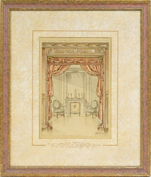 Salotto francese, acquarello su carta, cm 32,5x22,5, firmato F.Chopin, entro cornice, (macchie)