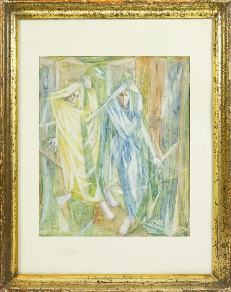 Artista del XX secolo, Figure, tempera su carta, cm 29x24, entro cornice, (difetti)