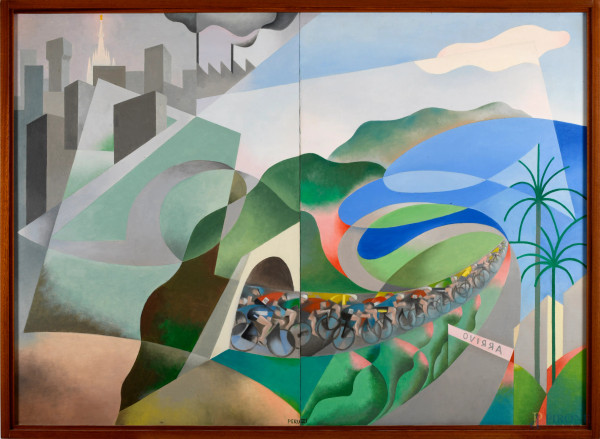 Osvaldo Peruzzi - MIlano-Sanremo, olio su tela, cm 100,5x139, firmato in basso, entro cornice, (difetti)
