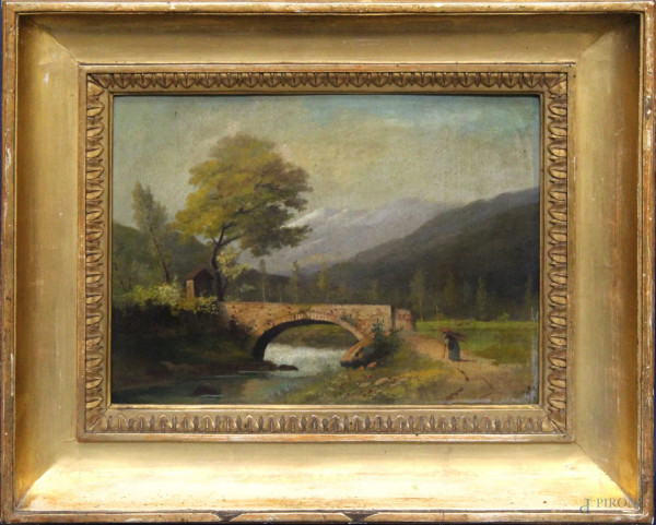 Paesaggio fluviale con pastorello, olio su tavola, XIX sec., cm 26 x 34, entro cornice.