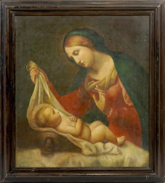 Madonna con Bambino, olio su tela, XX secolo, cm 76,5x66, entro cornice (difetti)