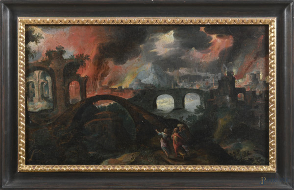L'incendio di Sodoma e Gomorra, XIX secolo, olio su tela, cm 34x57, entro cornice , (craquelure, lievi segni di usura)