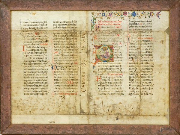 Pagine manoscritte con miniatura raffigurate la Resurrezione di Cristo, XVII secolo, cm 32,5x45,5, entro cornice