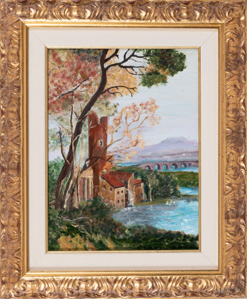 Scorcio fluviale con casolare e ponte, olio su tela, cm 40,5x30, entro cornice