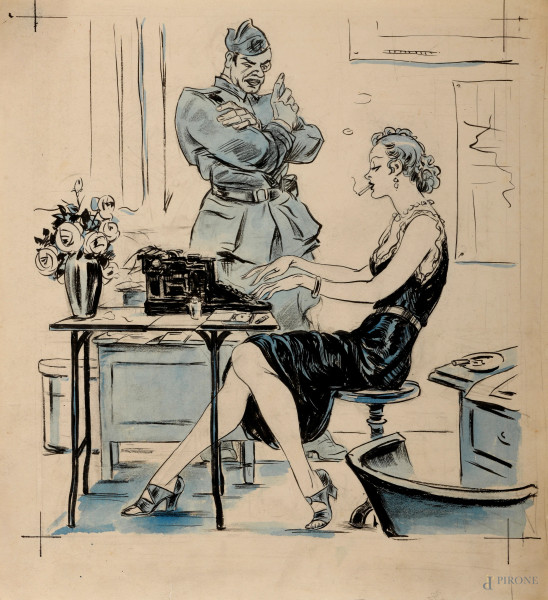 Luigi Bompard (1879 - 1953), Dattilografa, tecnica mista su carta, cm 32x29,5, (lievi segni di usura del tempo)