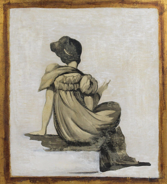 Figura femminile di schiena, tecnica mista su tavola, cm. 56x37, XX secolo.
