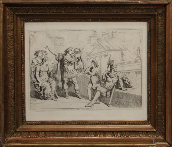 Pinelli,incisione raffigurante Nerone che canta i versi dell'incendio di Troia, 30x42 cm, entro cornice