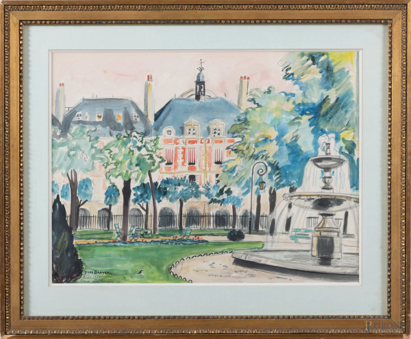 Yves Brayer (1907-1990), Piazza Parigina, tecnica mista su carta, cm 50x63 compreso passepartout, firmato e datato in basso a sinistra, entro cornice, (tracce di umidità, lievi segni di usura)