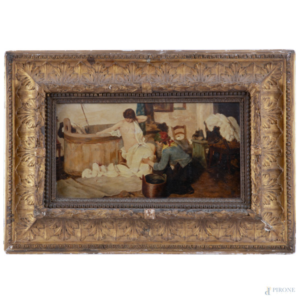 Copia da Giacomo Fravretto, Il bagno, olio su cartone, XX secolo, cm 26x48, entro cornice