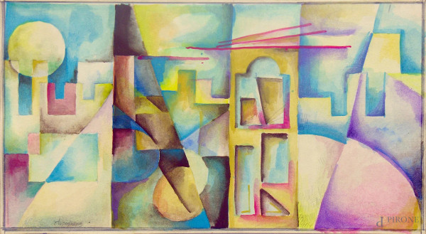 Aalim Petrov (XX°sec.) Composizione astratta, tecnica mista su carta, cm 40x22, firmato Aalim Petrov in caratteri cirillici