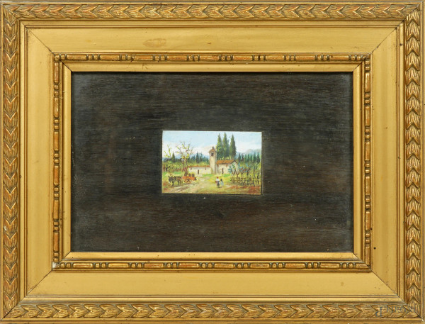 Paesaggio di campagna, olio su tavoletta, XX secolo, cm 5,5x8,9, entro cornice