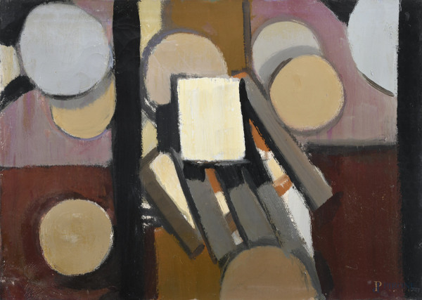Edoardo Krumm (1916-1993), Astratto, tecnica mista su tela, cm 50x70, firmato al retro