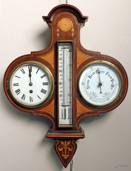 Antico orologio/barometro da muro in mogano con filetti ed intarsi a vari legni, H 51 cm, da revisionare.