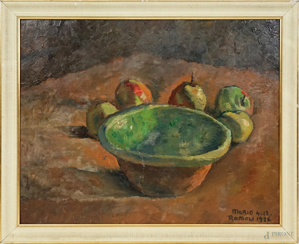 Natura morta di frutta, olio su cartone, firmato e datato in basso a destra Mario Romoli 4-12-1926, cm 41x52, entro cornice