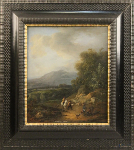 Pittore del XVIII secolo, paesaggio con figure, olio su tela, cm. 44,5x38, entro cornice.