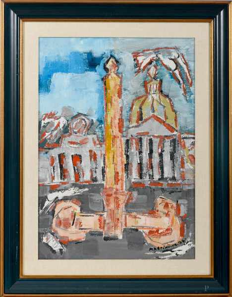 Mario Martini (1931-), Piazza del Popolo, tecnica mista su tela, cm 70x50, firmato e datato "74" in basso a destra, entro cornice